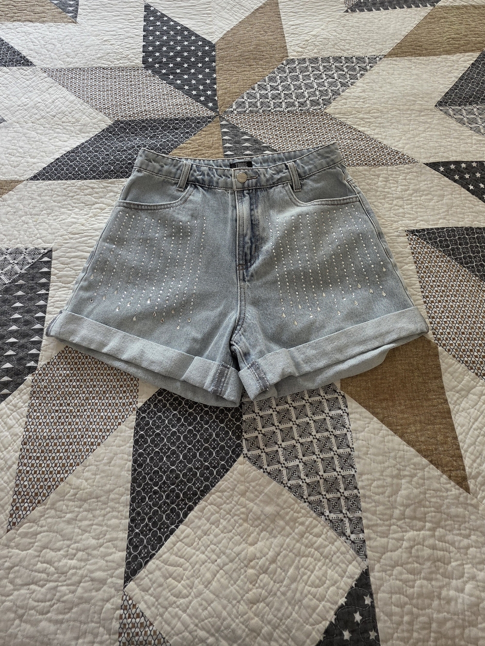 Light Wash Denim Shorts with Stud Detail - Kids